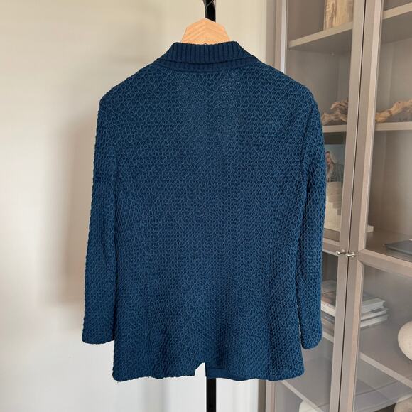 St. John Waffle Knit Jacket Blue Textured Button Front Wool Sweater Blazer 4 - Picture 2 of 6